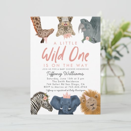 Wild One Safari Animals Girl Baby Shower Einladung (Stehend Vorderseite)