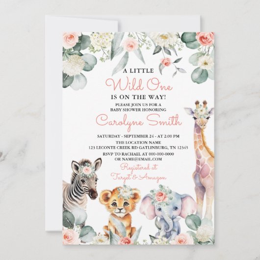 Wild One Safari Animals Greenerity Baby Shower Gir Einladung (Vorderseite)