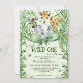 Wild One Safari Animals Greenery Baby Shower Einladung (Vorderseite)