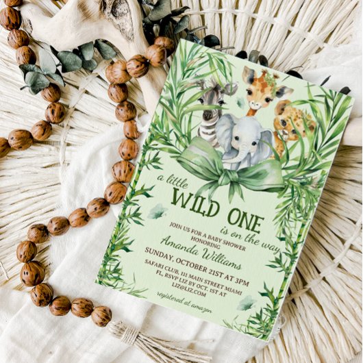 Wild One Safari Animals Greenery Baby Shower Einladung