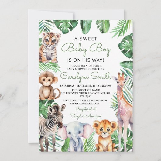 Wild One Safari Animals Greenery Baby Shower Einladung (Vorderseite)