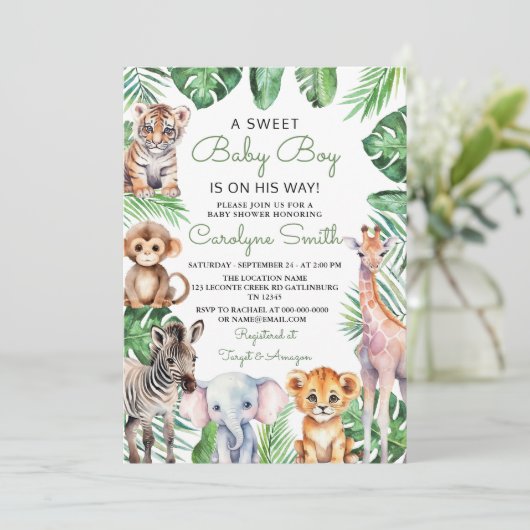 Wild One Safari Animals Greenery Baby Shower Einladung (Stehend Vorderseite)