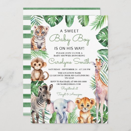 Wild One Safari Animals Greenery Baby Shower Einladung (Vorne/Hinten)