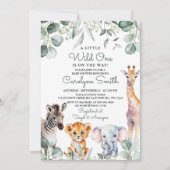 Wild One Safari Animals Greenery Baby Shower Einladung (Vorderseite)