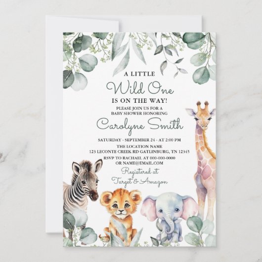 Wild One Safari Animals Greenery Baby Shower Einladung (Vorderseite)