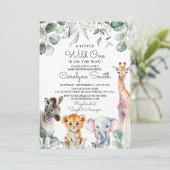 Wild One Safari Animals Greenery Baby Shower Einladung (Stehend Vorderseite)
