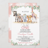 Wild One Safari Animals Greenery Girl Baby Shower Einladung (Vorne/Hinten)