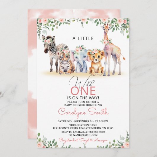 Wild One Safari Animals Greenery Girl Baby Shower Einladung (Vorne/Hinten)