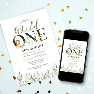 Wild One Safari Animals Junge 1. Geburtstag Party Einladung