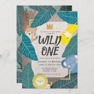 Wild One Safari Animals Jungle Boy 1. Geburtstag Einladung