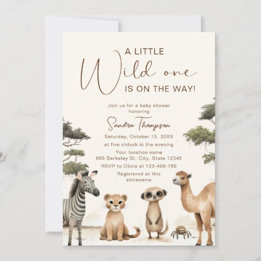 Wild One Safari Animals Kinderdusche Einladung (Vorderseite)