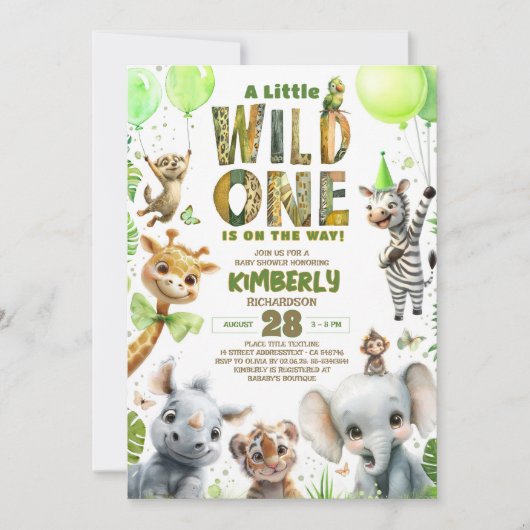 Wild One Safari Animals Kinderdusche Einladung (Vorderseite)