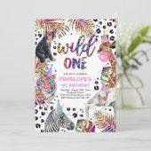 Wild One Safari Animals Rainbow Cheetah Birthday Einladung (Stehend Vorderseite)
