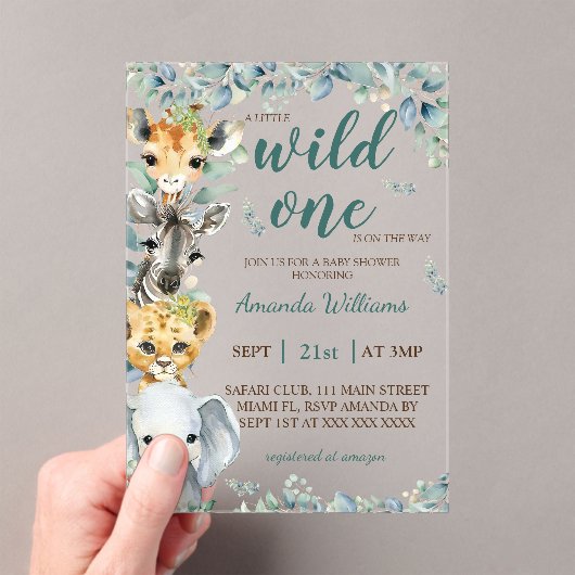 Wild One Safari Animals Sage Green Baby Shower Acryleinladungen (Insitu (Handheld))