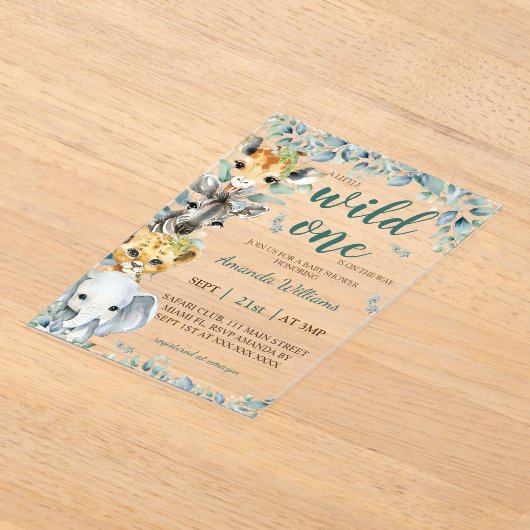 Wild One Safari Animals Sage Green Baby Shower Acryleinladungen (Ablage )