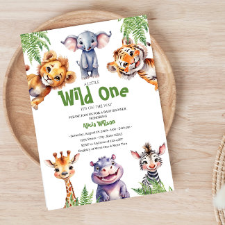 Wild One Safari Baby Animals Boy Baby Shower Einladung