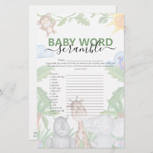 Wild One Safari Baby Shower Game (Vorne/Hinten)