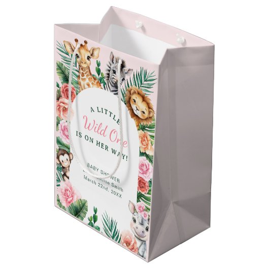 Wild One Safari Baby Shower - Jungle Animinals Mittlere Geschenktüte (Rückseite Schrägansicht)