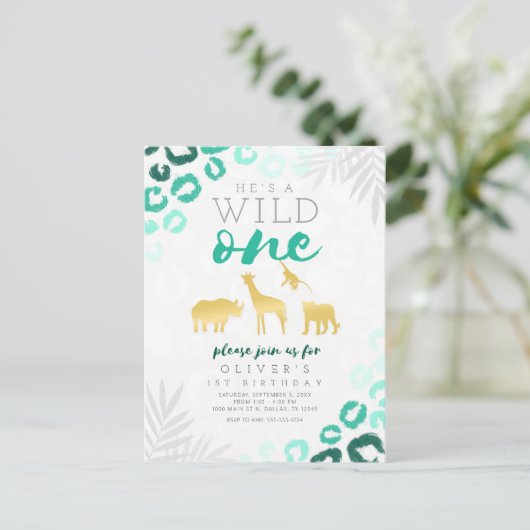 Wild One Safari Blue und Gold Leopard 1. Geburtsta Postkarte (Stehend Vorderseite)