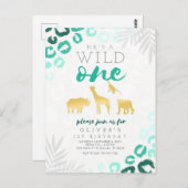 Wild One Safari Blue und Gold Leopard 1. Geburtsta Postkarte (Vorne/Hinten)