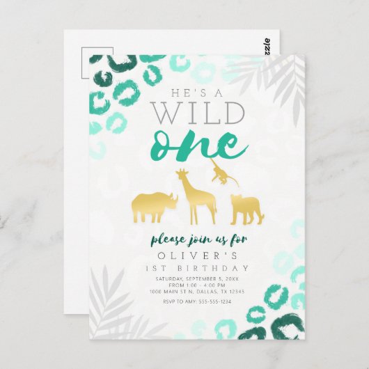 Wild One Safari Blue und Gold Leopard 1. Geburtsta Postkarte (Vorne/Hinten)