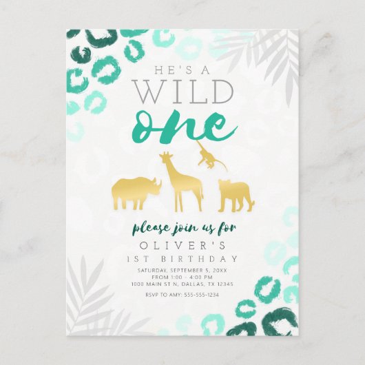 Wild One Safari Blue und Gold Leopard 1. Geburtsta Postkarte (Vorderseite)