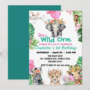 Wild One Safari Dschungel 1. Tiere Geburtstagsmädc Einladung