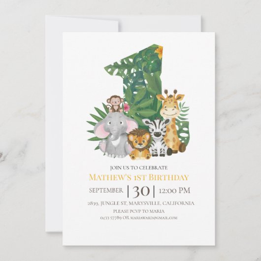Wild One Safari Dschungel Erster Geburtstag Einladung (Vorderseite)
