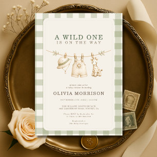 Wild One Safari Dschungel Gingham Salbei Baby Show Einladung