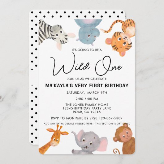 Wild ONE Safari Dschungeltier zum ersten Geburtsta Einladung (Vorne/Hinten)