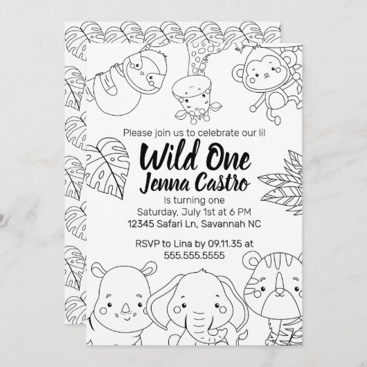 Wild One Safari Erstgeburtsteroloring Einladung (Vorne/Hinten)