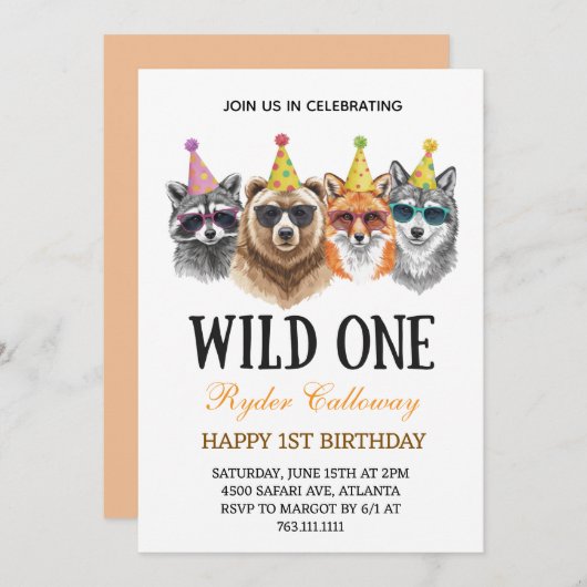 Wild One Safari First Birthday – Jungle Animal Einladung (Vorne/Hinten)
