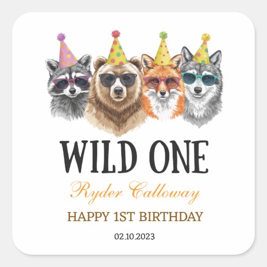 Wild One Safari First Birthday – Jungle Animal Quadratischer Aufkleber (Vorderseite)