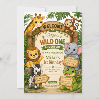 Wild One Safari Geburtstagseinladung | Süßer Dschu Einladung