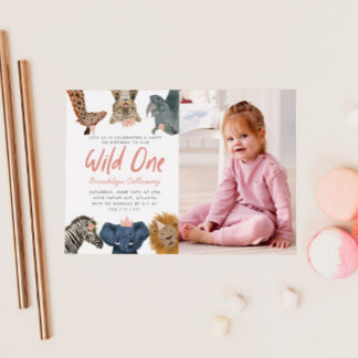 Wild One Safari Girl's First Birthday Party Foto Einladung