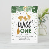 Wild One Safari Gold Boy Animals Geburtstagsparty Einladung (Stehend Vorderseite)