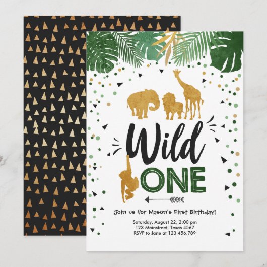 Wild One Safari Gold Boy Animals Geburtstagsparty Einladung (Vorne/Hinten)