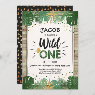 Wild One Safari Gold Boy Animals Geburtstagsparty Einladung