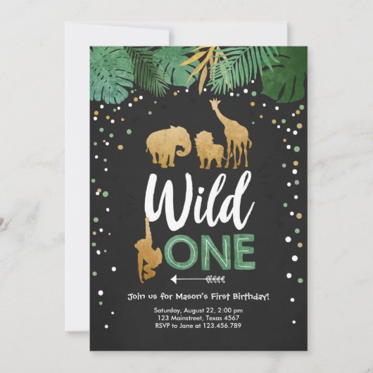 Wild One Safari Gold Boy Animals Geburtstagsparty Einladung (Vorderseite)