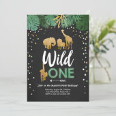 Wild One Safari Gold Boy Animals Geburtstagsparty Einladung (Stehend Vorderseite)