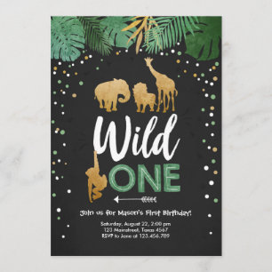 Wild One Safari Gold Boy Animals Geburtstagsparty Einladung