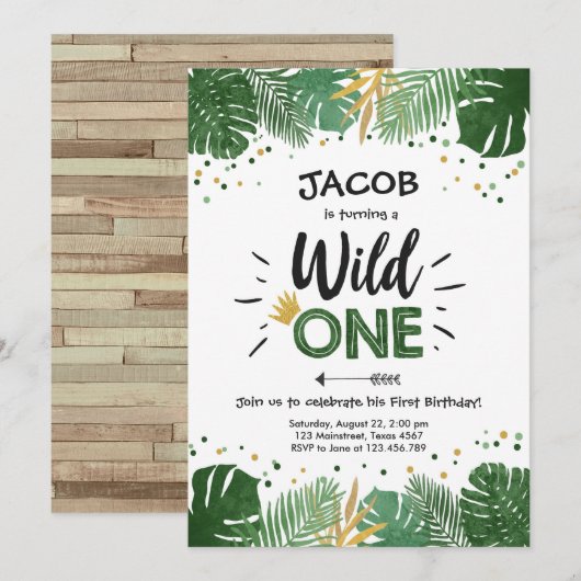 Wild One Safari Gold Boy Animes Geburtstagsparty Einladung (Vorne/Hinten)