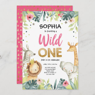 Wild One Safari Gold Girl Pink Animals Geburtstag Einladung