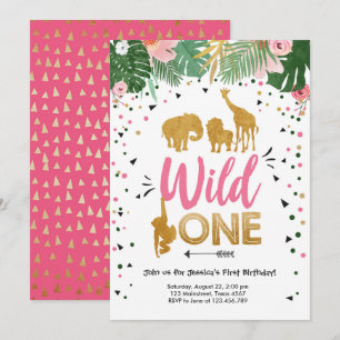 Wild One Safari Gold Girl Pink Animals Geburtstag Einladung