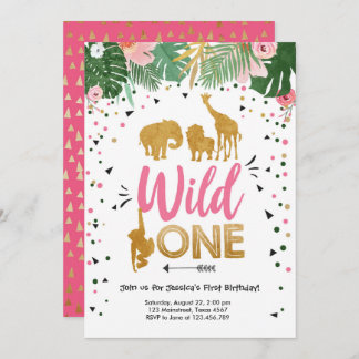 Wild One Safari Gold Girl Pink Animals Geburtstag Einladung