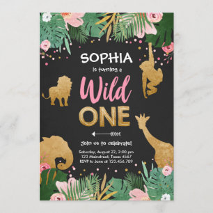 Wild One Safari Gold Girl Pink Animals Geburtstag Einladung
