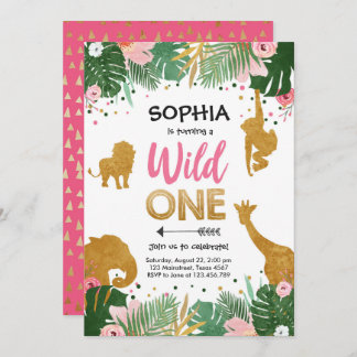Wild One Safari Gold Girl Pink Animals Geburtstag Einladung