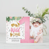 Wild One Safari Gold Girl Pink Animals Geburtstag Einladung (Stehend Vorderseite)