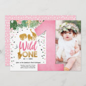 Wild One Safari Gold Girl Pink Animals Geburtstag Einladung (Vorne/Hinten)