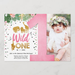Wild One Safari Gold Girl Pink Animals Geburtstag Einladung
